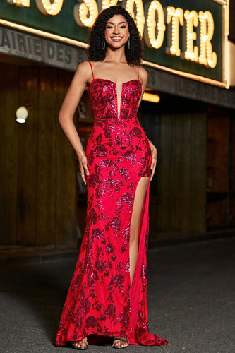Stylish Mermaid Spaghetti Straps Dark Red Corset Formal Dress with Split Front