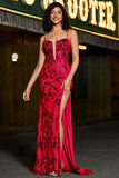 Stylish Mermaid Spaghetti Straps Dark Red Corset Formal Dress with Split Front