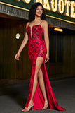 Stylish Mermaid Spaghetti Straps Dark Red Corset Formal Dress with Split Front