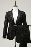 Black 3 Piece Peak Lapel Jacquard Men's Formal Suits