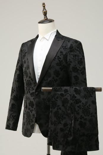 Black 3 Piece Peak Lapel Jacquard Men's Formal Suits