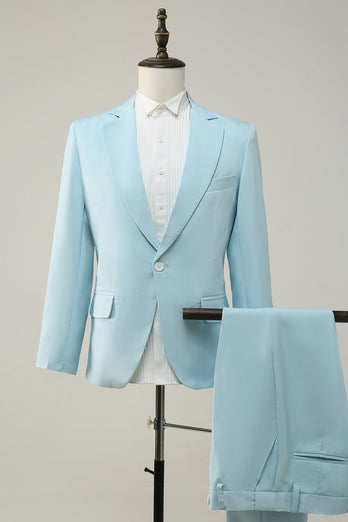 2 Piece Light Blue Notched Lapel Men's Formal Suits