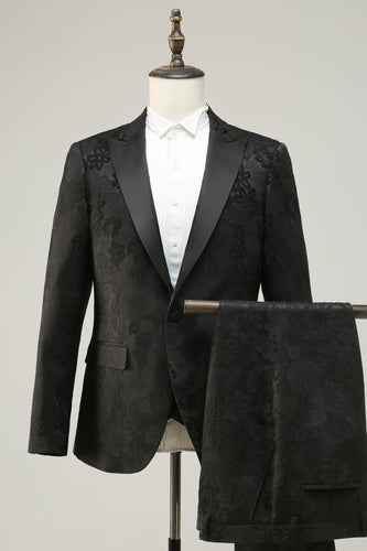Peak Lapel Black Jacquard Men's Formal Suits
