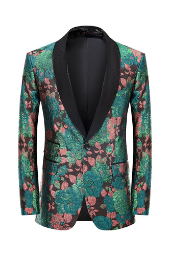 Green Shawl Lapel Jacquard Floral Pattern Men's Formal Blazer