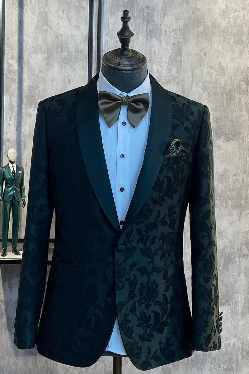 Load image into Gallery viewer, Dark Green Jacquard Shawl Lapel One Button 2 Piece Men&#39;s Formal Suits