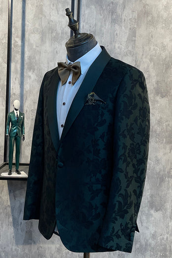 Dark Green Jacquard Shawl Lapel One Button 2 Piece Men's Formal Suits
