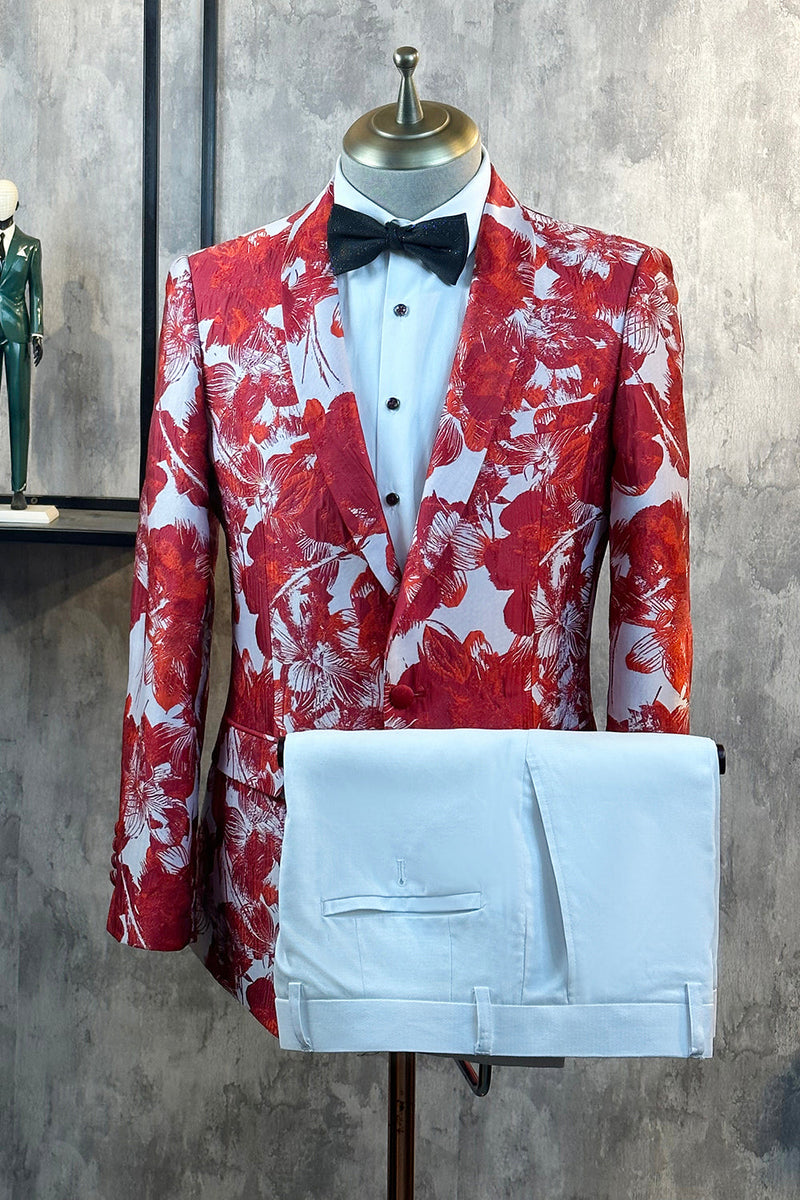 Load image into Gallery viewer, Red Floral Jacquard 2 Piece Men Formal Suits