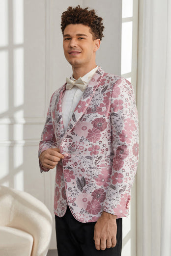 Shawl Lapel One Button Pink Floral Jacquard 2 Piece Formal Suits