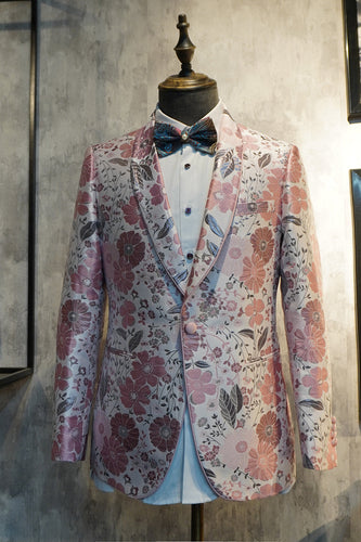 Pink Floral Jacquard Shawl Lapel 2 Piece Formal Party Suits
