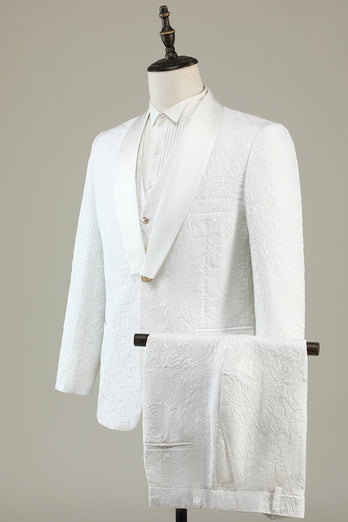 White Jacquard Shawl Lapel 3 Piece Formal Suits