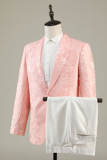 Light Pink Jacquard 2-Piece Shawl Lapel One Button Formal Suits
