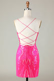 Hot Pink Lace Up Tight Glitter Cocktail Dress