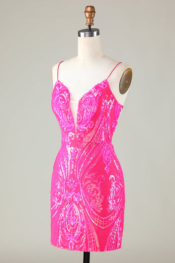 Hot Pink Lace Up Tight Glitter Cocktail Dress