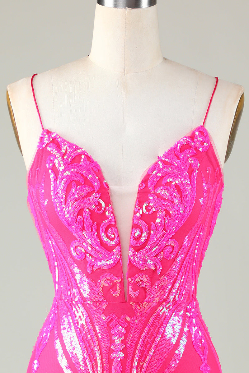 Load image into Gallery viewer, Hot Pink Lace Up Tight Glitter Cocktail Dress