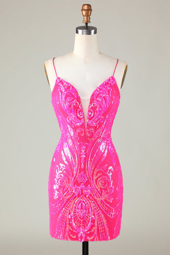 Hot Pink Lace Up Tight Glitter Cocktail Dress