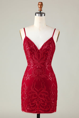 Sparkly Dark Red Sequins Spaghetti Straps Tight Short Cocktail Dress