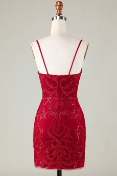 Sparkly Dark Red Sequins Spaghetti Straps Tight Short Cocktail Dress