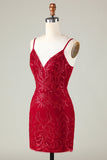 Sparkly Dark Red Sequins Spaghetti Straps Tight Short Cocktail Dress