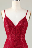 Sparkly Dark Red Sequins Spaghetti Straps Tight Short Cocktail Dress