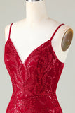 Sparkly Dark Red Sequins Spaghetti Straps Tight Short Cocktail Dress