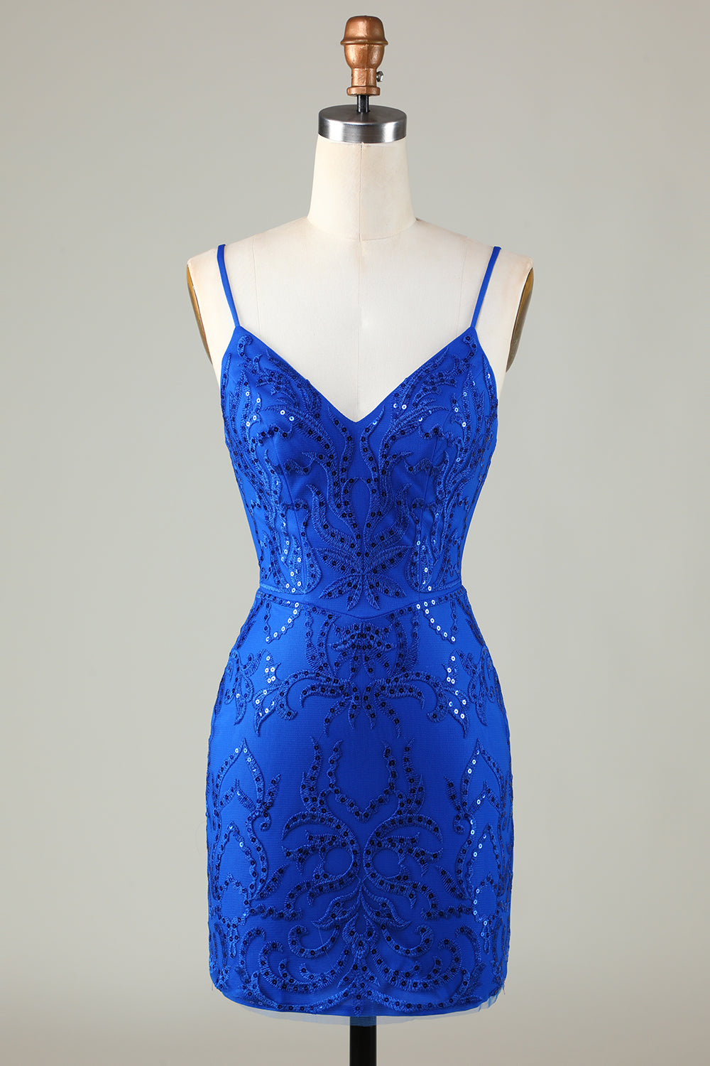 Sparkly Royal Blue Sequins Spaghetti Straps Tight Short Cocktail Dress