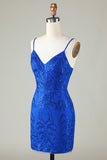 Sparkly Royal Blue Sequins Spaghetti Straps Tight Short Cocktail Dress