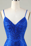 Sparkly Royal Blue Sequins Spaghetti Straps Tight Short Cocktail Dress