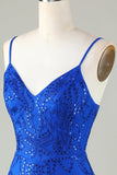 Sparkly Royal Blue Sequins Spaghetti Straps Tight Short Cocktail Dress