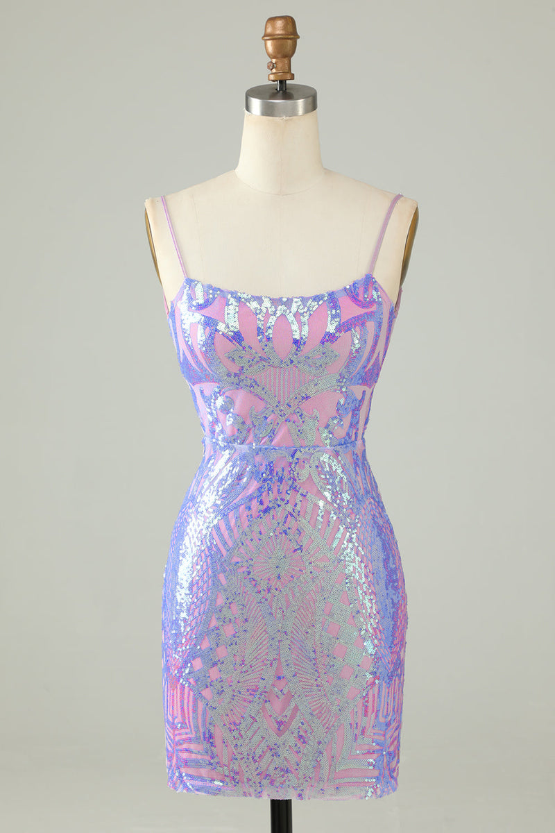 Load image into Gallery viewer, Sparkly Purple Sequin Backless Tight Short Formal Dress