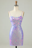 Sparkly Purple Sequin Backless Tight Short Formal Dress