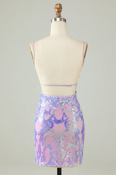 Sparkly Purple Sequin Backless Tight Short Formal Dress