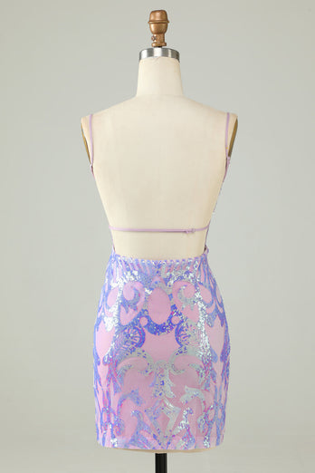 Sparkly Purple Sequin Backless Tight Short Formal Dress