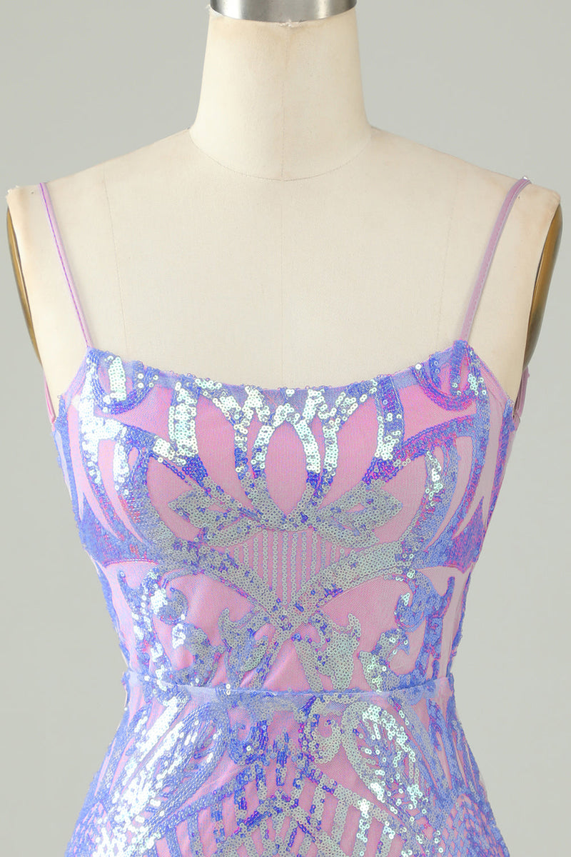 Load image into Gallery viewer, Sparkly Purple Sequin Backless Tight Short Formal Dress