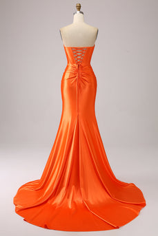 Orange Mermaid Sweetheart Corset Long Sparkly Formal Dress with Slit
