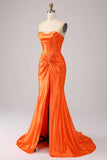 Orange Mermaid Sweetheart Corset Long Sparkly Formal Dress with Slit