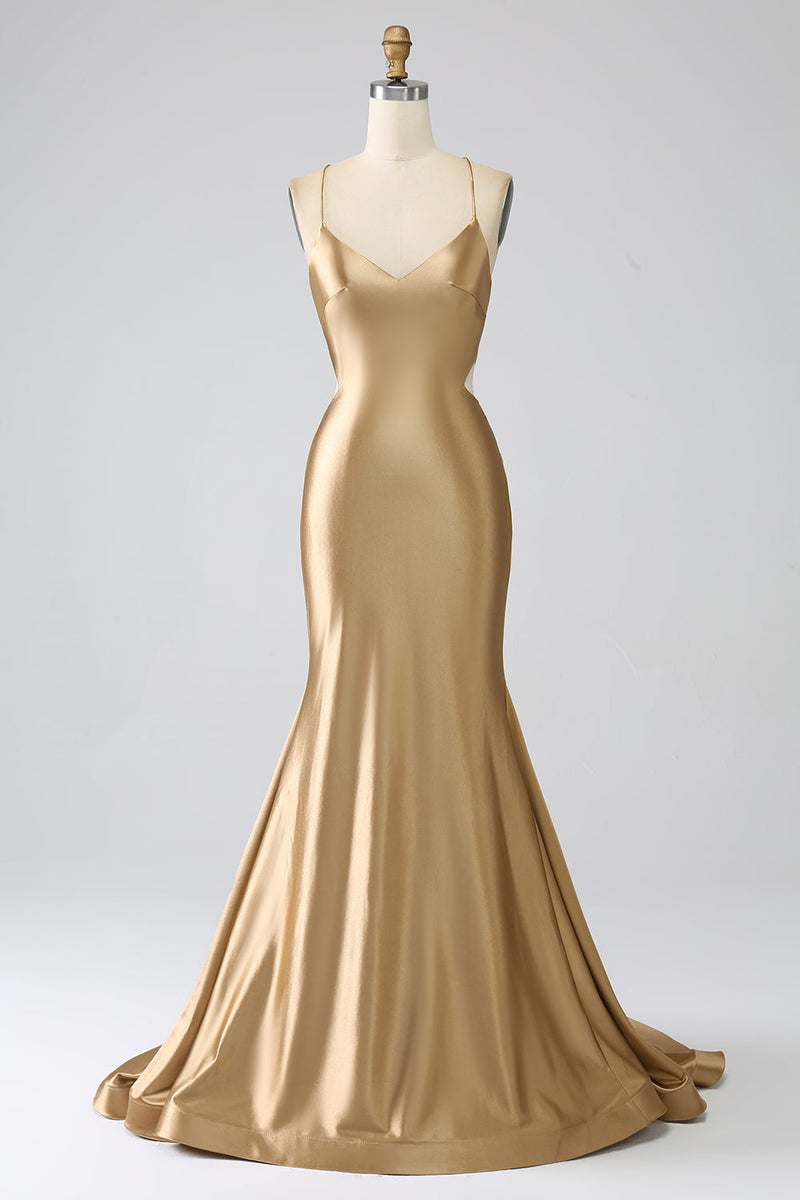 Load image into Gallery viewer, Golden Mermaid Spaghetti Straps Satin Long Formal Dress with Lace-up Back