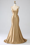 Golden Mermaid Spaghetti Straps Satin Long Formal Dress with Lace-up Back