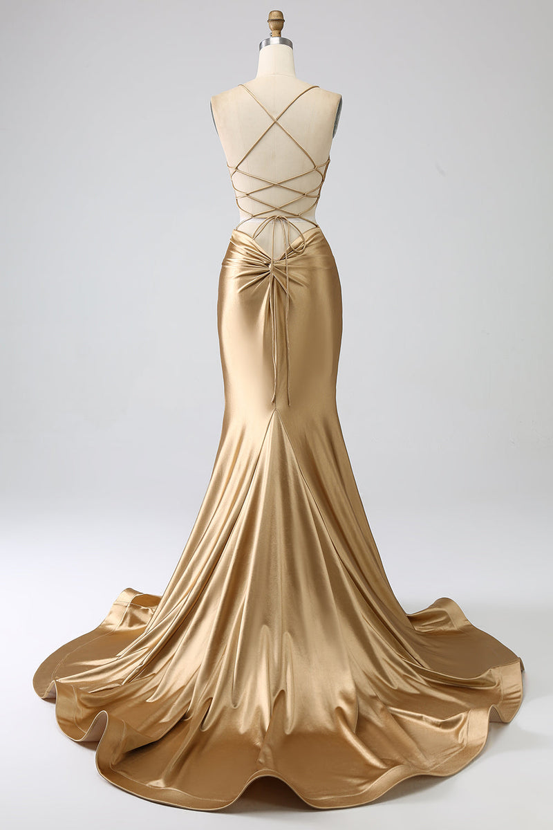 Load image into Gallery viewer, Golden Mermaid Spaghetti Straps Satin Long Formal Dress with Lace-up Back
