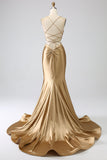 Golden Mermaid Spaghetti Straps Satin Long Formal Dress with Lace-up Back