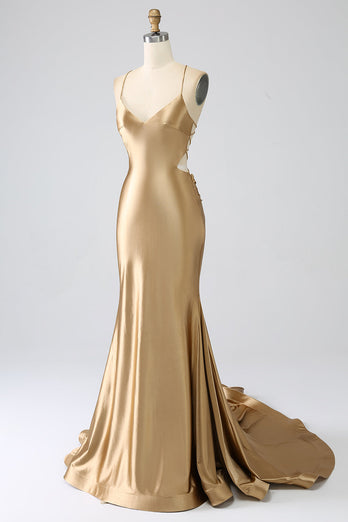 Golden Mermaid Spaghetti Straps Satin Long Formal Dress with Lace-up Back