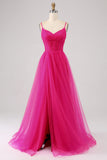 Fuchsia A-Line Spaghetti Straps Long Corset Formal Dress with Slit