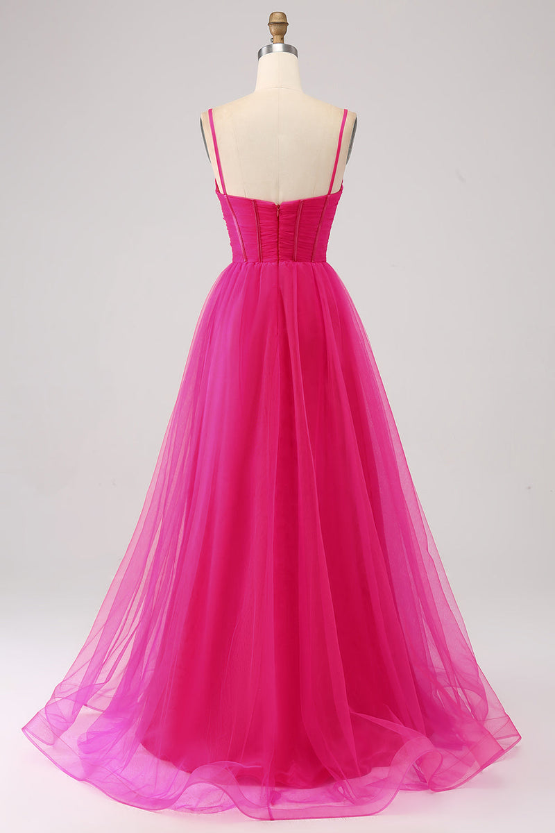 Load image into Gallery viewer, Fuchsia A-Line Spaghetti Straps Long Corset Formal Dress with Slit