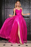 Hot Pink A-Line Spaghetti Straps Long Corset Formal Dress with Slit