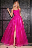 Hot Pink A-Line Spaghetti Straps Long Corset Formal Dress with Slit