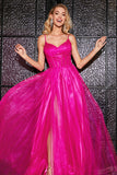 Hot Pink A-Line Spaghetti Straps Long Corset Formal Dress with Slit