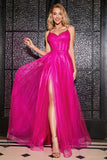 Hot Pink A-Line Spaghetti Straps Long Corset Formal Dress with Slit