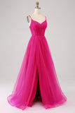 Fuchsia A-Line Spaghetti Straps Long Corset Formal Dress with Slit