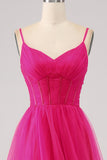 Fuchsia A-Line Spaghetti Straps Long Corset Formal Dress with Slit