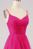 Fuchsia A-Line Spaghetti Straps Long Corset Formal Dress with Slit