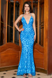 Mermaid Spaghetti Straps Blue Sequins Long Formal Dress